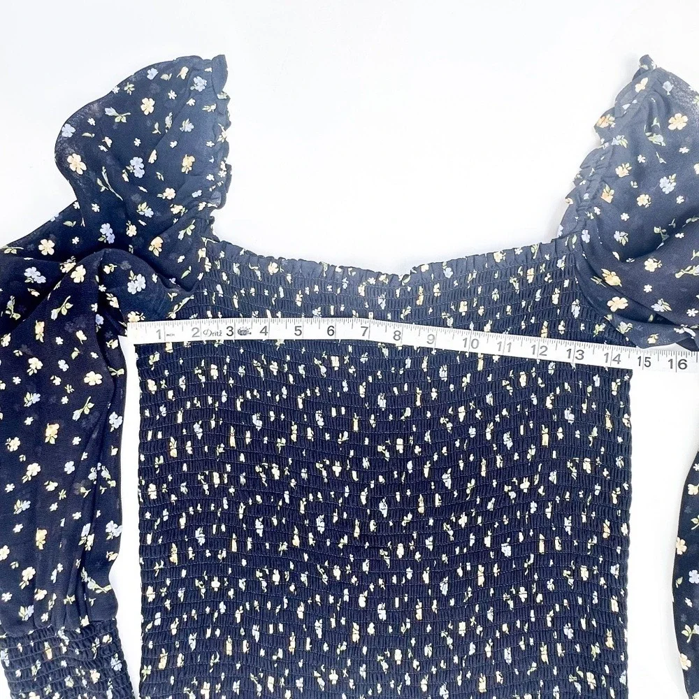 Reformation Navy Blue Floral Smocked Long Sleeve Blouse
